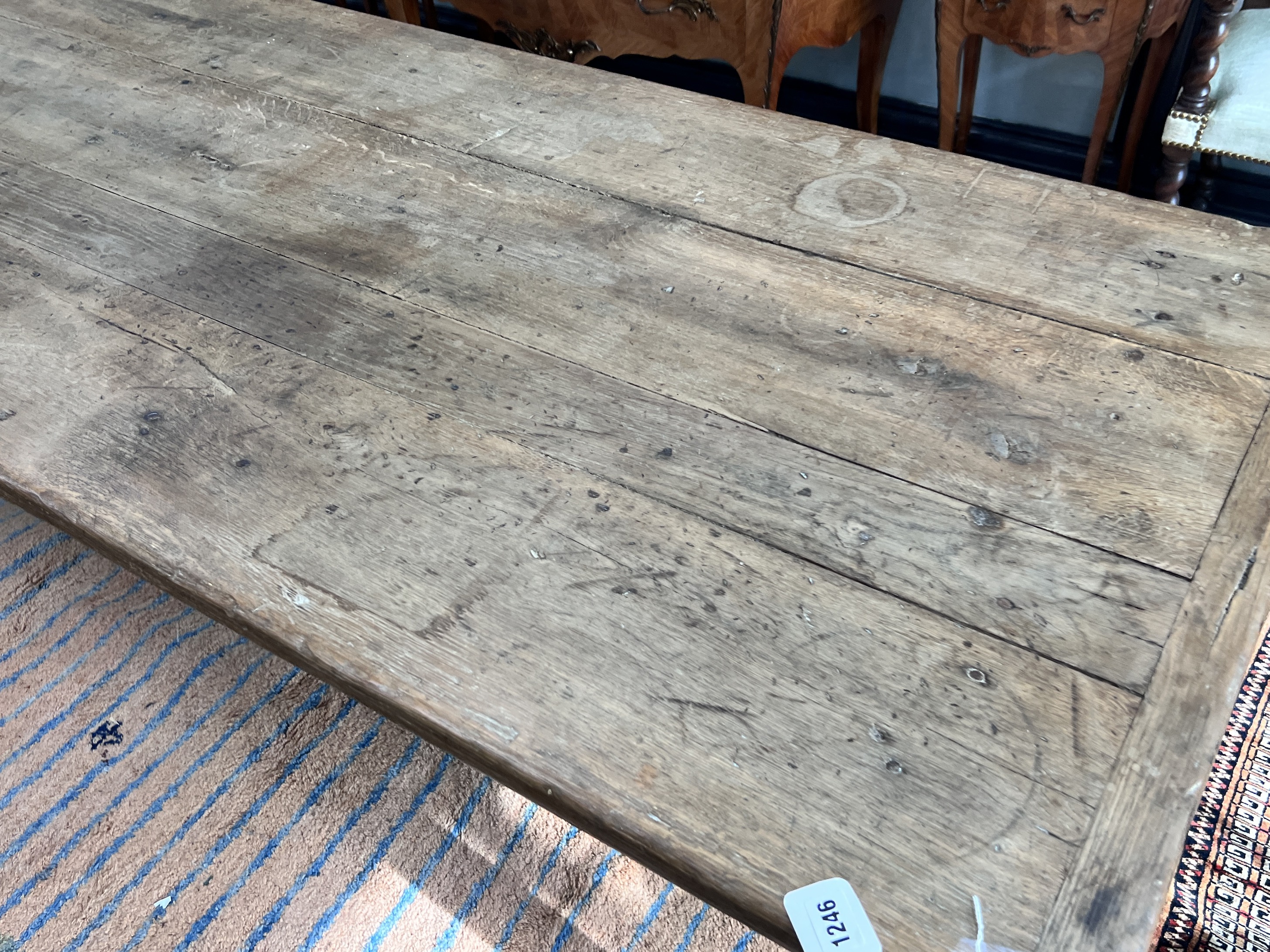 A 19th century French oak and fruitwood kitchen table with drawers each end, length 260cm, width 85cm, height 72cm